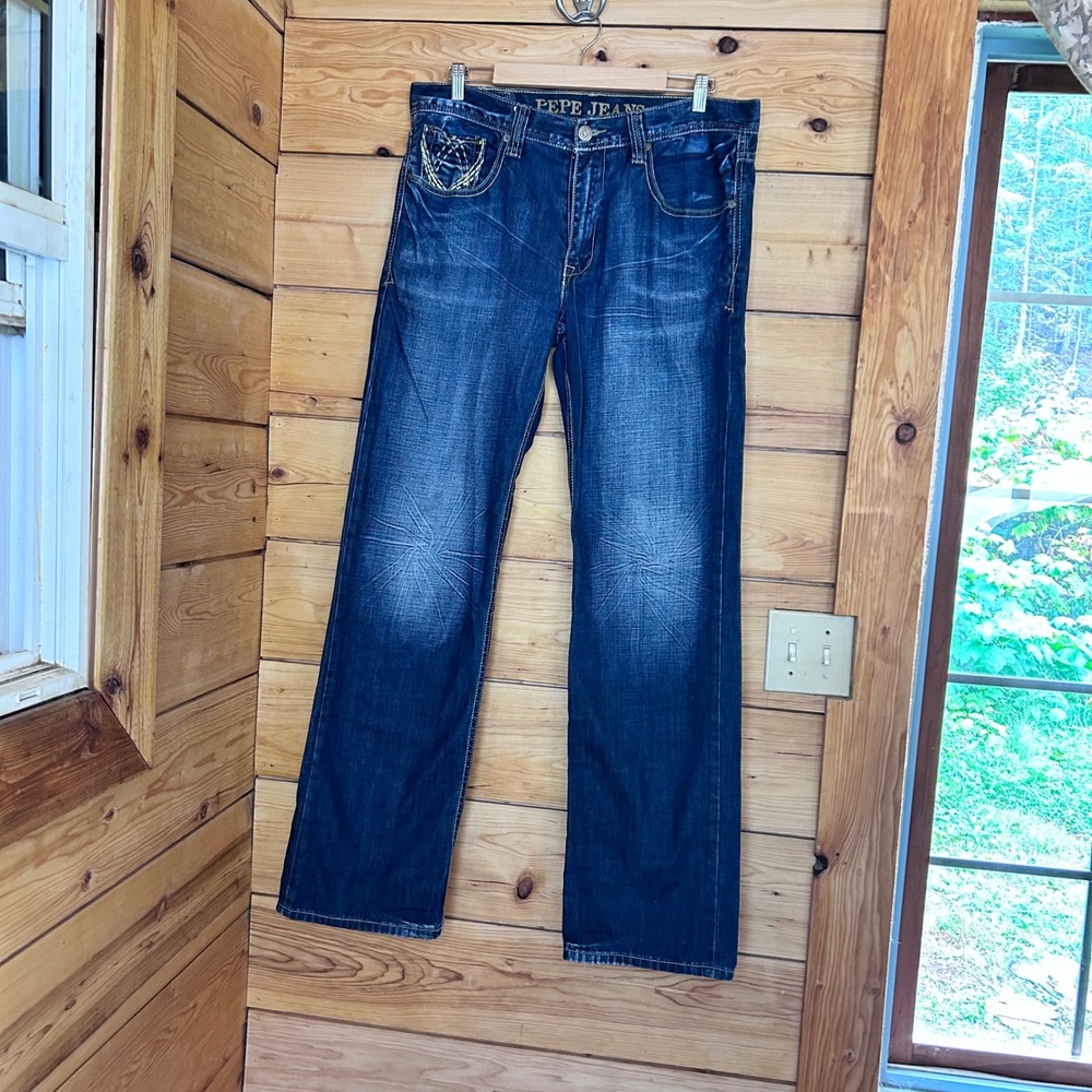 Vintage Bootcut Jeans Mens 34x34 Dark Wash Embroidered Y2K Skater Pepe Jeans